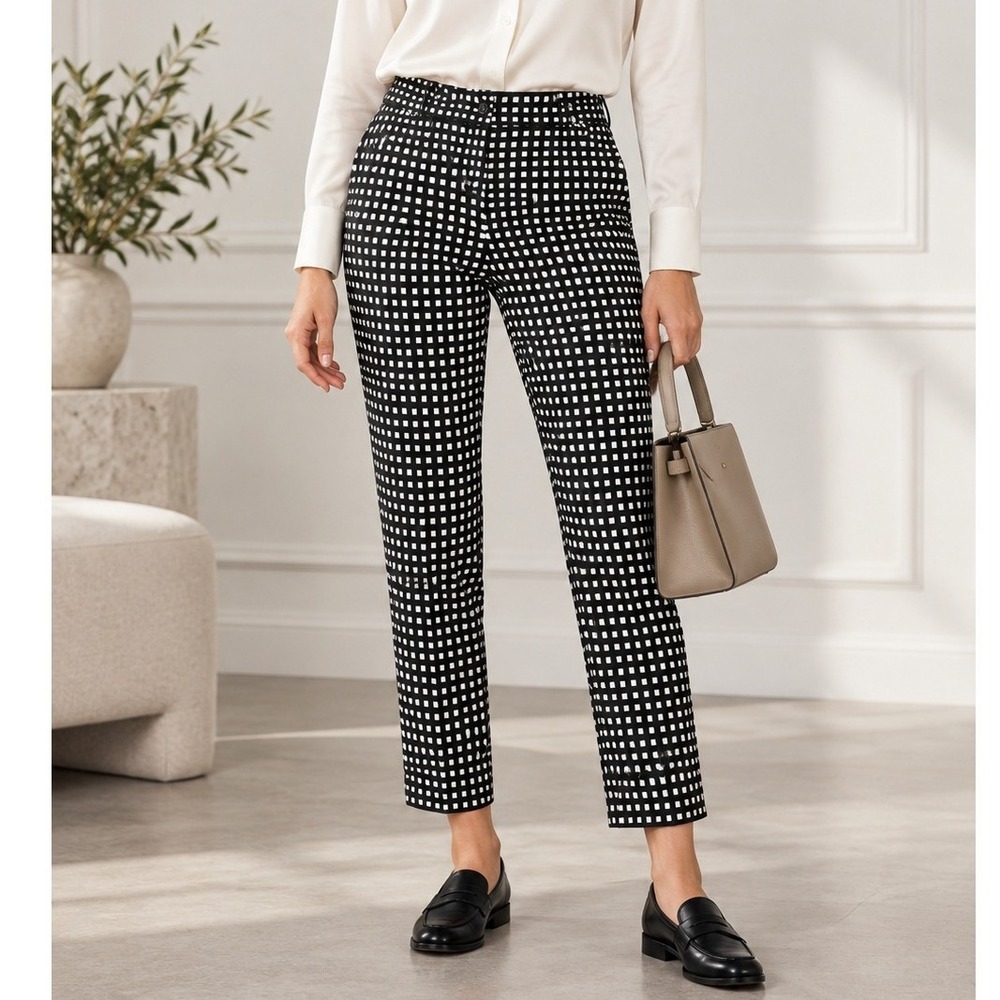 J. McLaughlin Size 2 Dress Pants Black Cosmo Gingham Flat Front Straight Leg